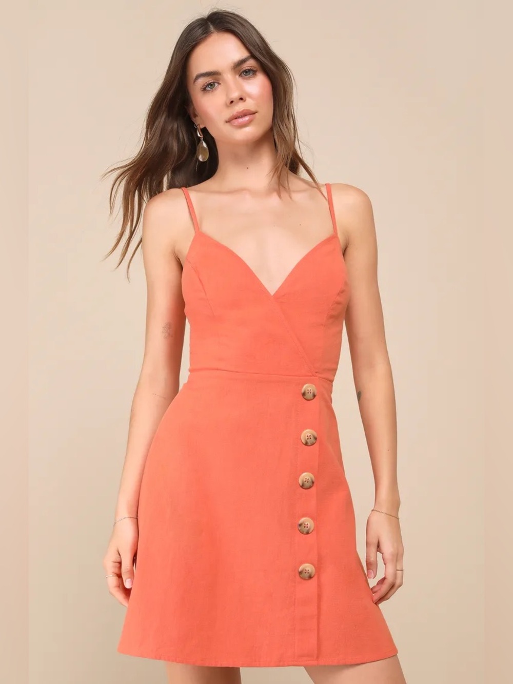 LULUS Spaghetti Strap Orange Coral Sundress with Button Detail. Small